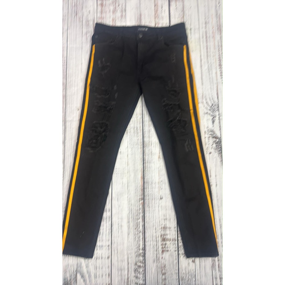 Victorious Mens Black Distressed Skinny Jeans Yellow Side Stripe W36 L32‎